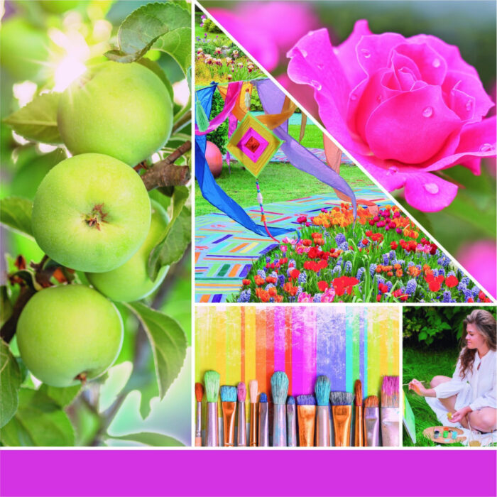 Collage mit grünen Äpfeln, Blumen, Gartenmotiven und Pinseln