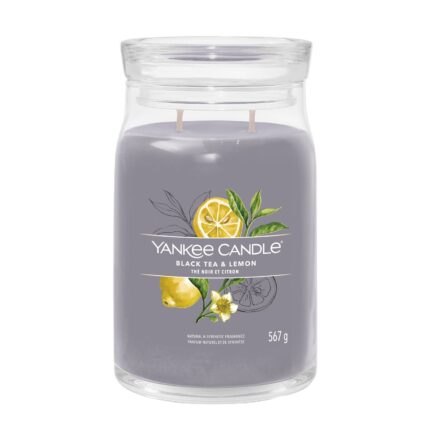 Black Tea & Lemon Duftkerze im Glas mit zwei Dochten und Zitronenmotiv