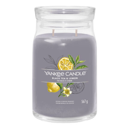 Black Tea & Lemon Duftkerze im Glas mit zwei Dochten und Zitronenmotiv