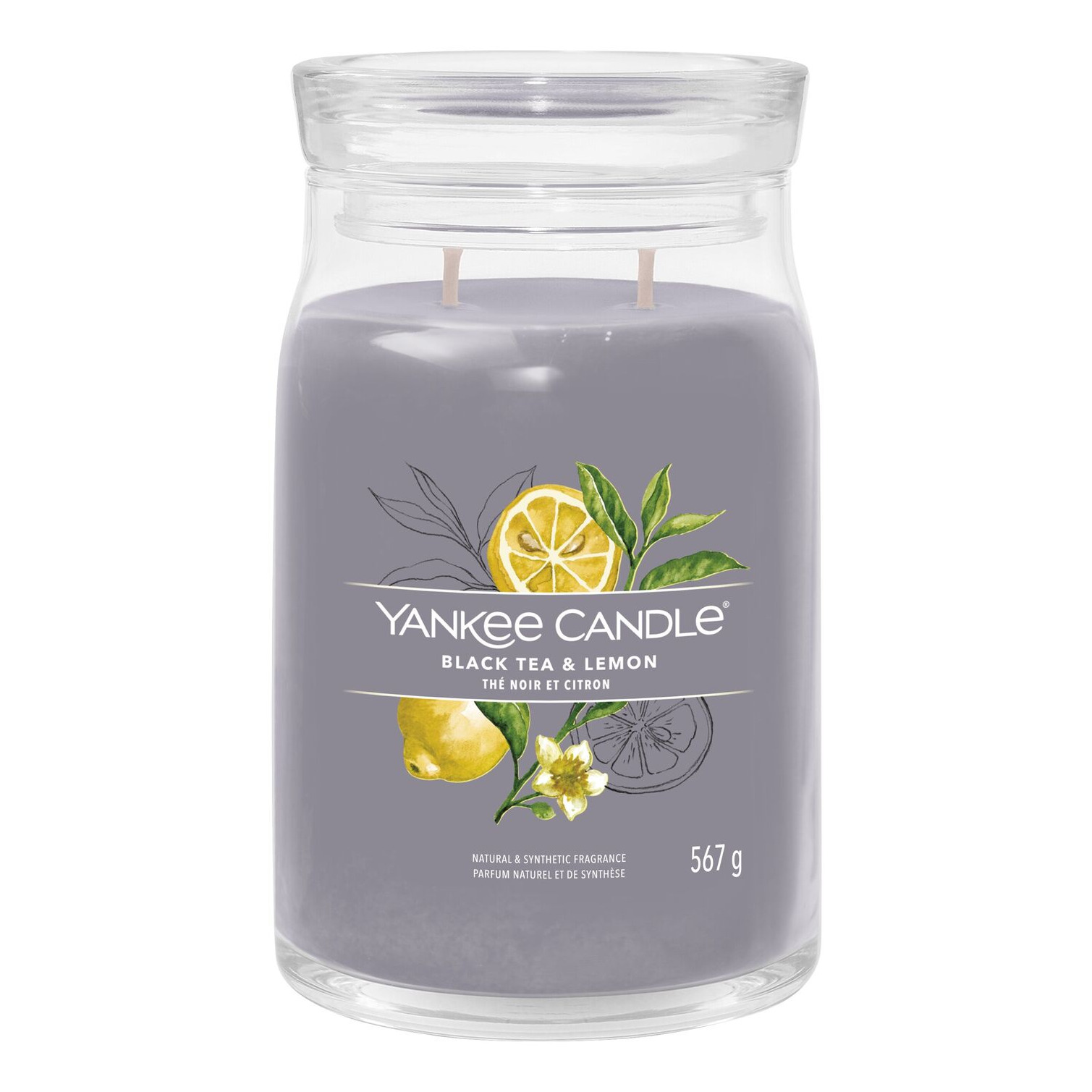 Black Tea & Lemon Kerze Black Tea & Lemon Duftkerze im Glas mit zwei Dochten und Zitronenmotiv