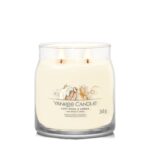 Yankee Candle Kerze mit zwei Flammen und sichtbarem Soft Wool & Amber Etikett