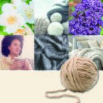 Collage mit Blumen, Wollgarn, Stricktextilien und Wohnszene zur Kerze