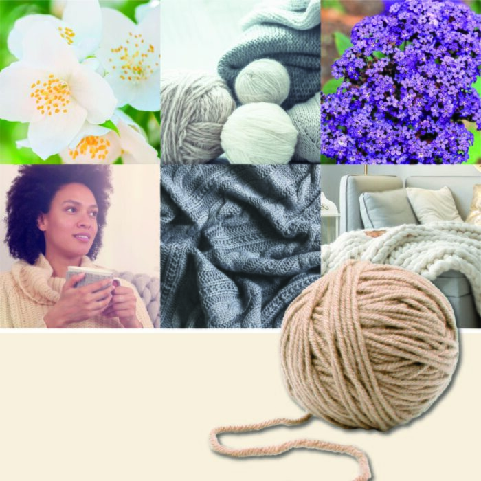 Collage mit Blumen, Wollgarn, Stricktextilien und Wohnszene zur Kerze