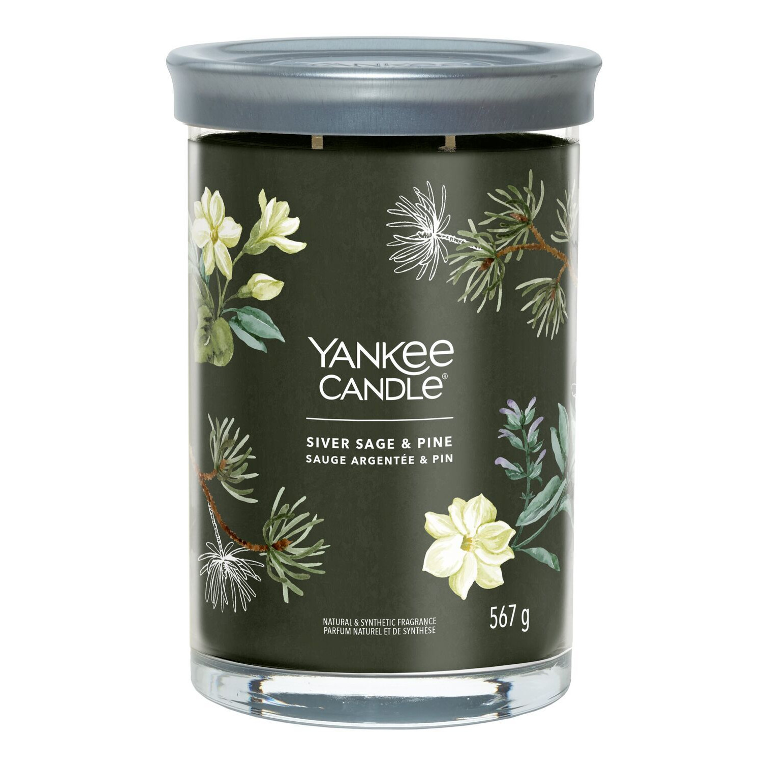 Silver Sage & Pine Kerze Yankee Candle Silver Sage & Pine Kerze im Glas mit Blumen- und Zweigmotiv