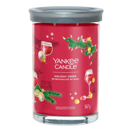 Frontansicht der roten Yankee Candle Holiday Cheer Kerze mit Weihnachtsmotiv