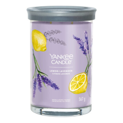 Lemon Lavender Kerze im Glas mit sichtbarem Deckel und zwei Dochten
