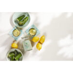 Cucumber Mint Cooler Kerze zwischen Gurken, Zitronen und Getränken