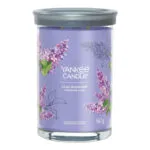 Lilac Blossoms Duftkerze im Glas mit grauem Deckel und Blumenmotiv