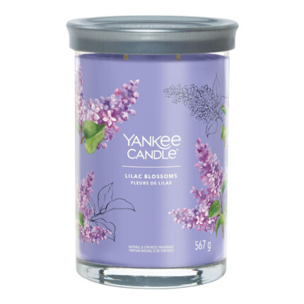 Lilac Blossoms Duftkerze im Glas mit grauem Deckel und Blumenmotiv