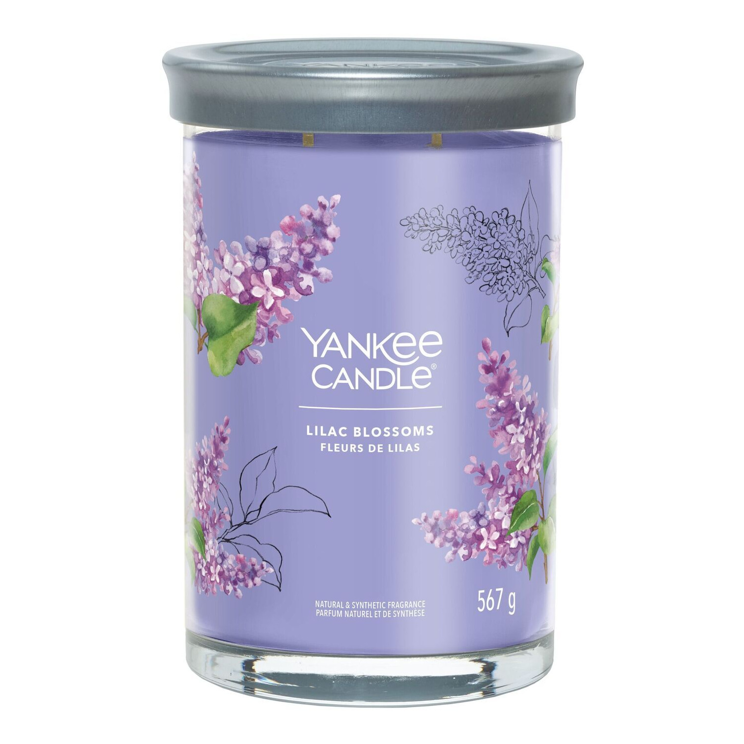 Lilac Blossoms Kerze mit Deckel Lilac Blossoms Duftkerze im Glas mit grauem Deckel und Blumenmotiv