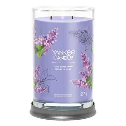 Geöffnete Lilac Blossoms Duftkerze mit zwei Dochten auf grauem Standfuß