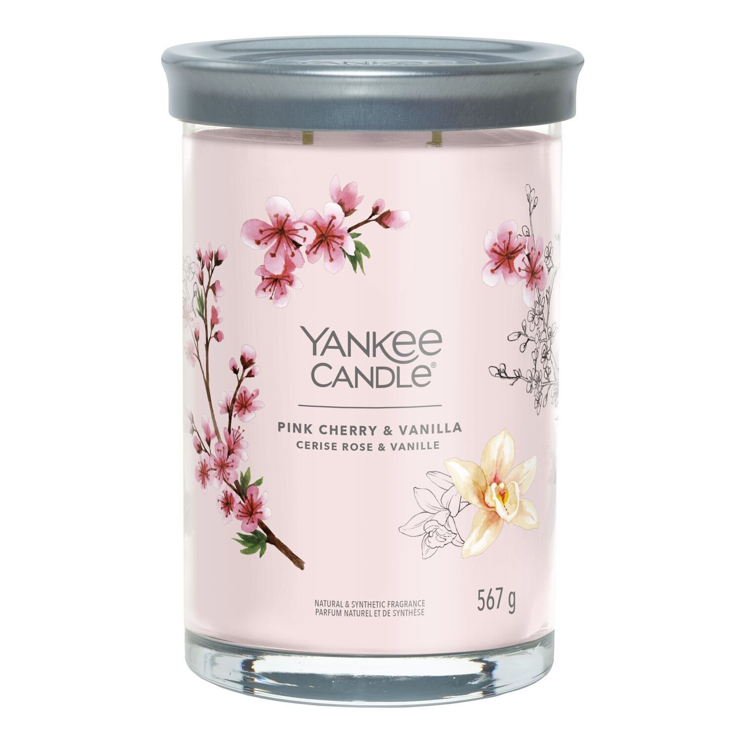 Pink Cherry & Vanilla Kerze Yankee Candle Kerze im Glas mit Deckel und Blumenmotiv