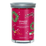 Rote Sparkling Winterberry Kerze im Glas mit grauem Deckel