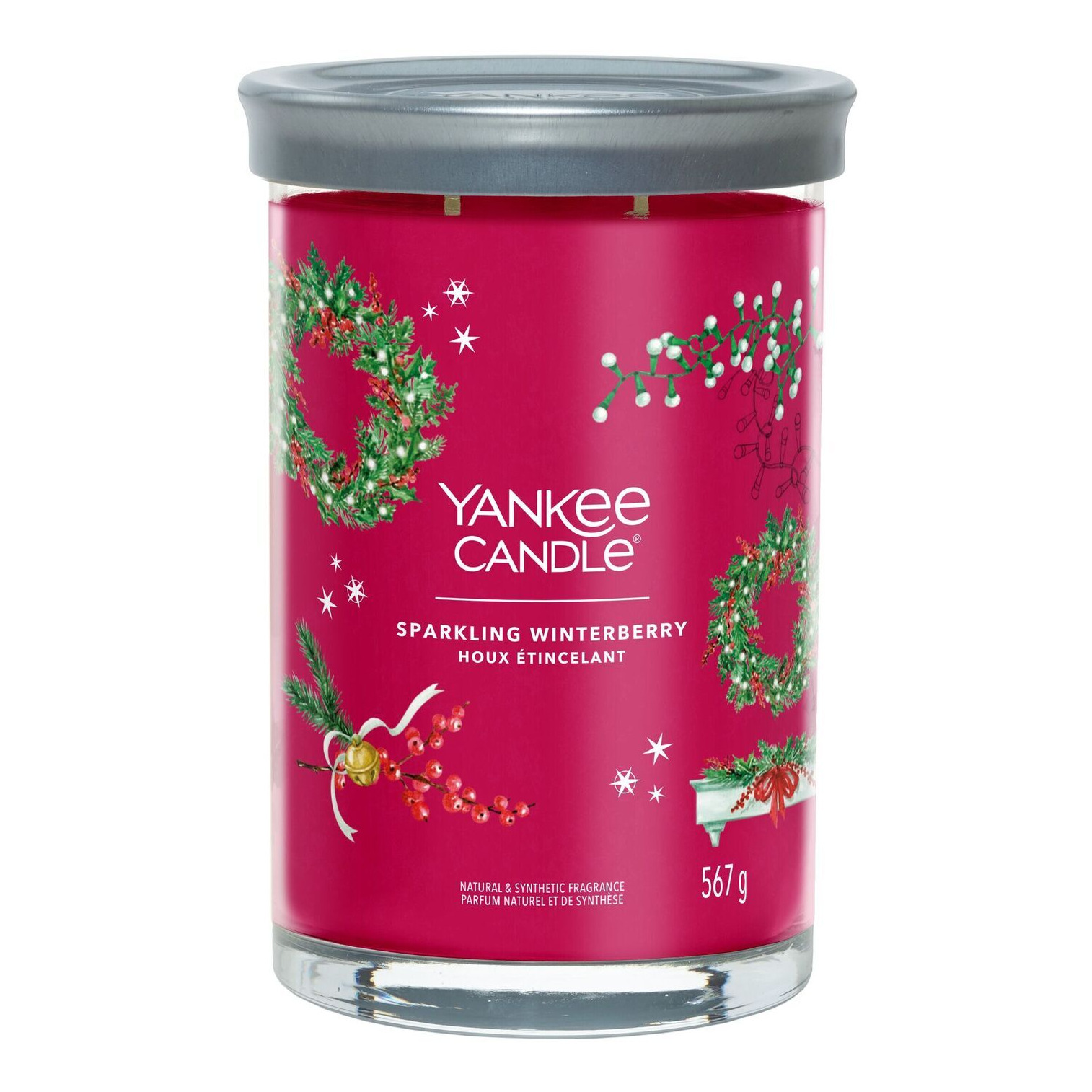 Sparkling Winterberry Kerze mit Deckel Rote Sparkling Winterberry Kerze im Glas mit grauem Deckel