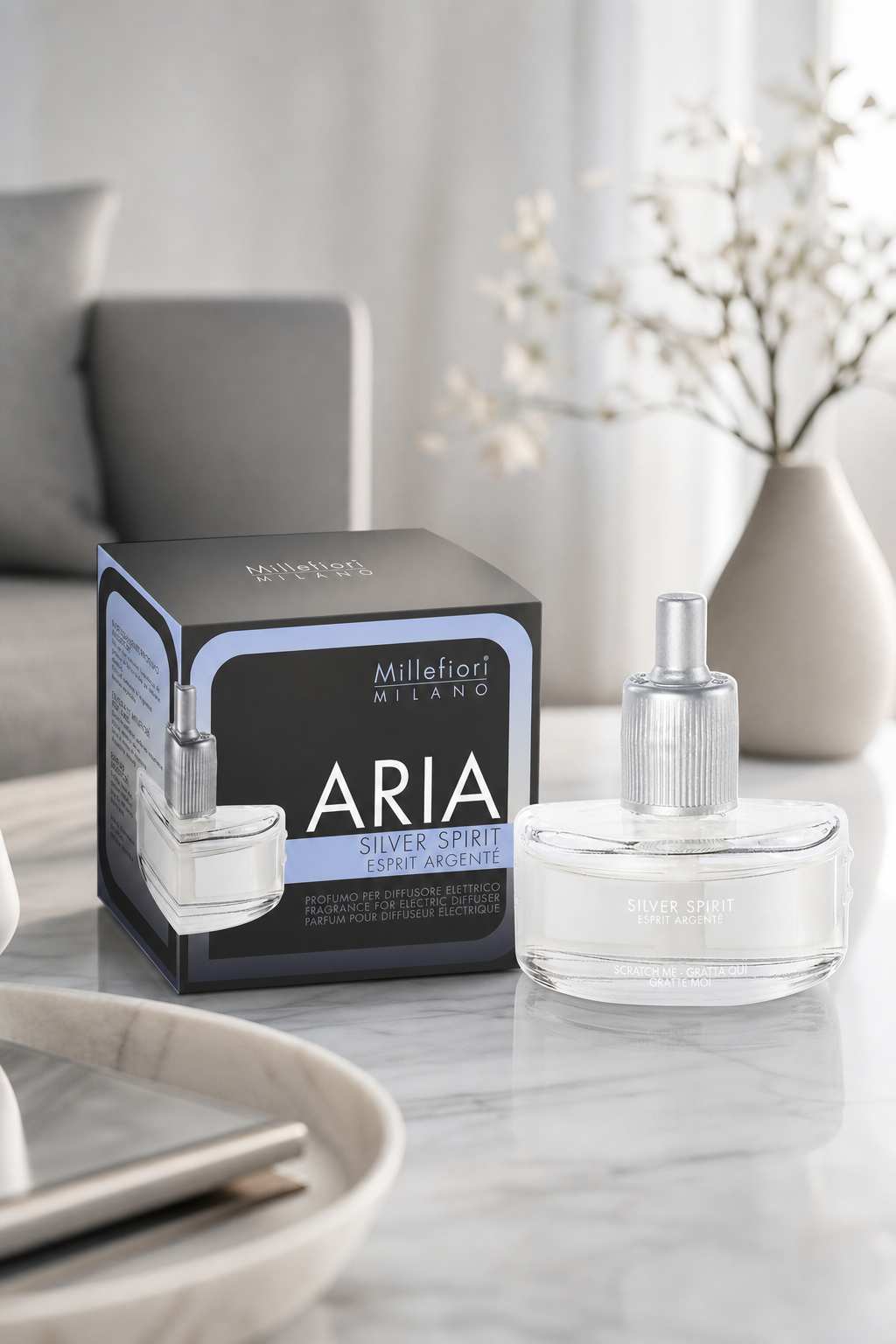 Silver Spirit Kartusche für Aria Diffuser – Stimmungsbild Silver Spirit Kartusche für Aria Diffuser in einer stimmungsvollen Anwendungsszene