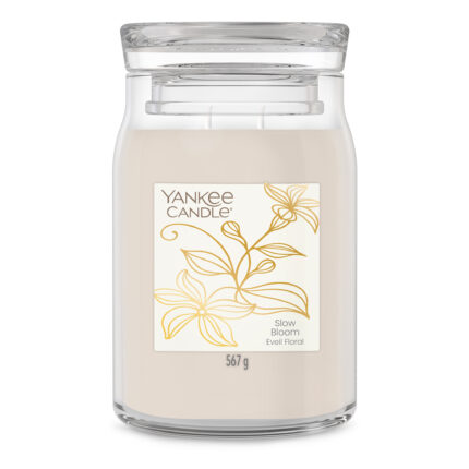Slow Bloom Duftkerze im Glas mit Deckel und lesbarem 567-g-Etikett