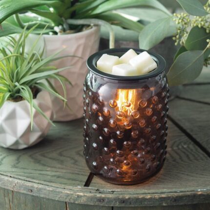Beleuchtete Hobnail-Duftlampe mit Wachswürfeln neben Zimmerpflanzen