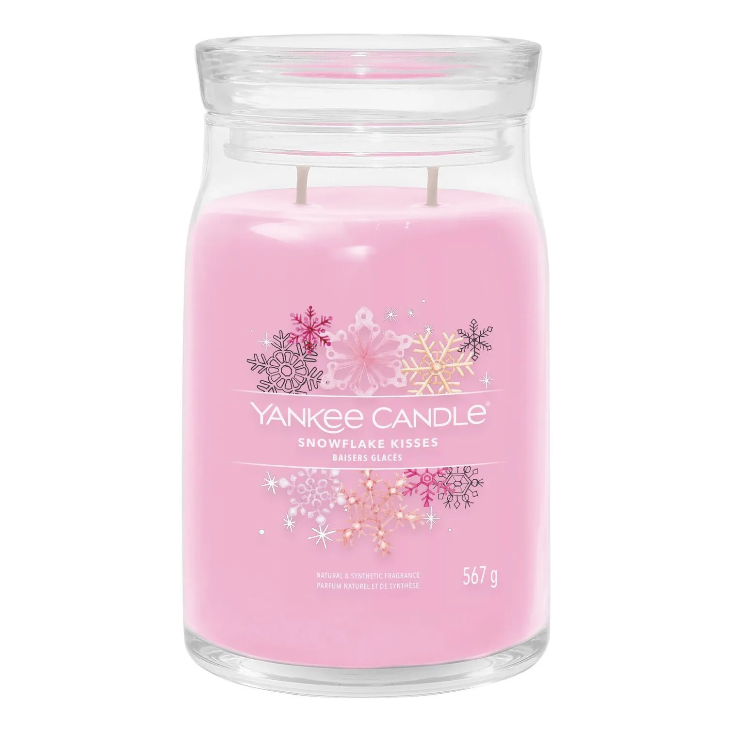 Snowflake Kisses Kerze frontal Yankee Candle Snowflake Kisses im Glas mit rosa Wachs, zwei Dochten und 567 g Inhalt