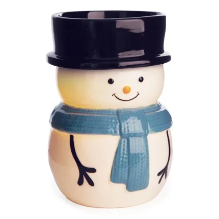 Frontansicht einer Schneemann-Duftlampe mit schwarzem Hut und blauem Schal