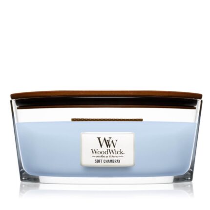 Frontansicht der WoodWick Soft Chambray Kerze mit geschlossenem Holzdeckel
