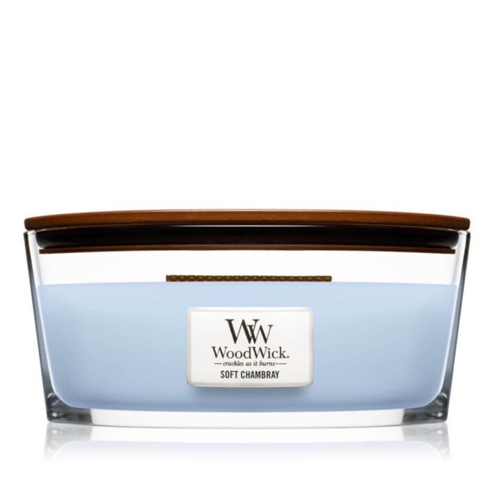 Frontansicht der WoodWick Soft Chambray Kerze mit geschlossenem Holzdeckel