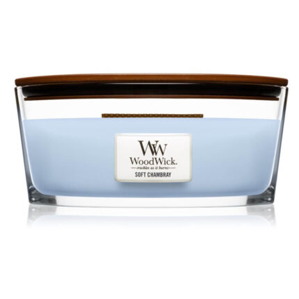 WoodWick Soft Chambray Kerze im Glasbehälter mit Holzdeckel