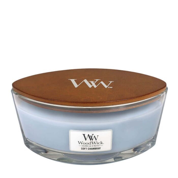 Soft Chambray Kerze im Glas mit aufgelegtem WoodWick Holzdeckel
