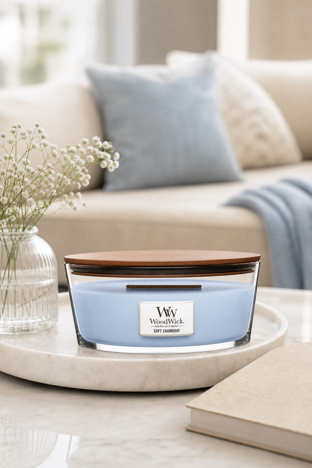 WoodWick Soft Chambray Kerze mit Deckel auf einem Tablett im Wohnraum