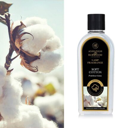 Soft Cotton Lamp Fragrance Flasche mit Baumwollblüten im Hintergrund