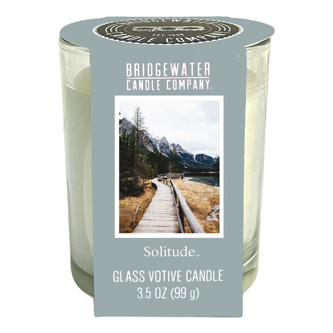 Solitude Glasvotivkerze 99 g Solitude Glasvotivkerze mit Landschaftsbild und Produktetikett