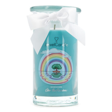 JuwelCandle Kerze mit Regenbogenmotiv und weißer Schleife