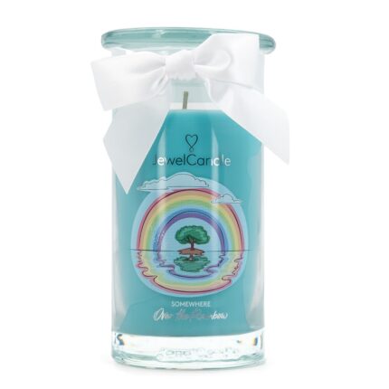 Türkise JuwelCandle Kerze mit Regenbogenmotiv und Schleife