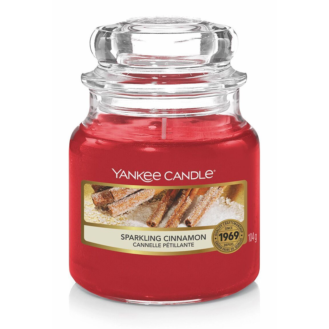 Yankee Candle Sparkling Cinnamon 104 g Rote Yankee Candle Sparkling Cinnamon Kerze im Glas mit Deckel