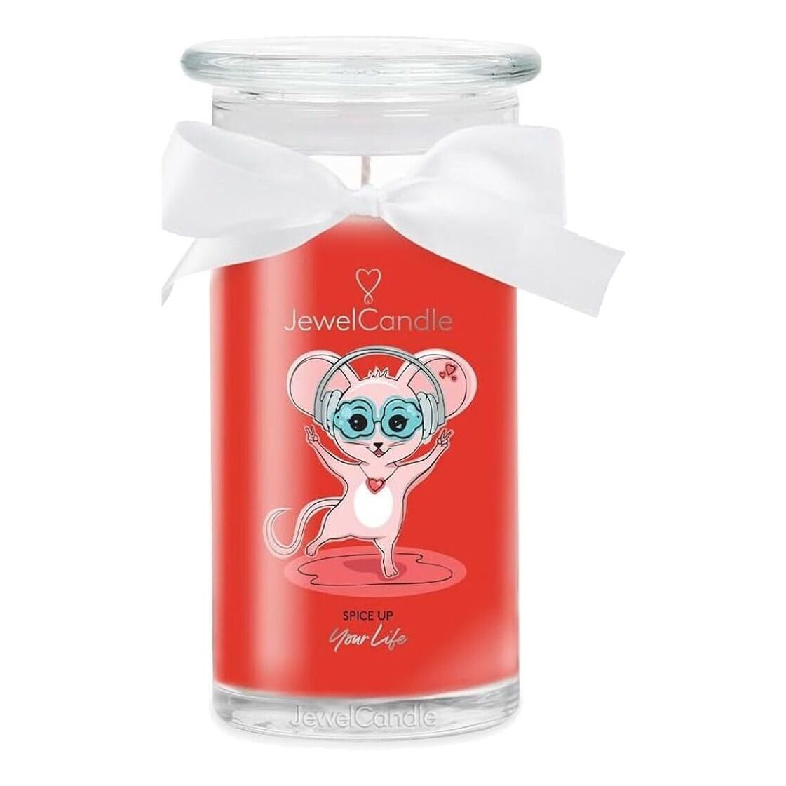 JewelCandle Spice Up Your Life Rote JewelCandle im Glas mit weißer Schleife und Mausillustration