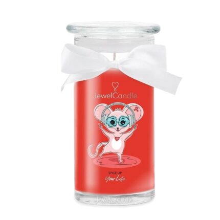 Rote JewelCandle im Glas mit weißer Schleife und Mausmotiv
