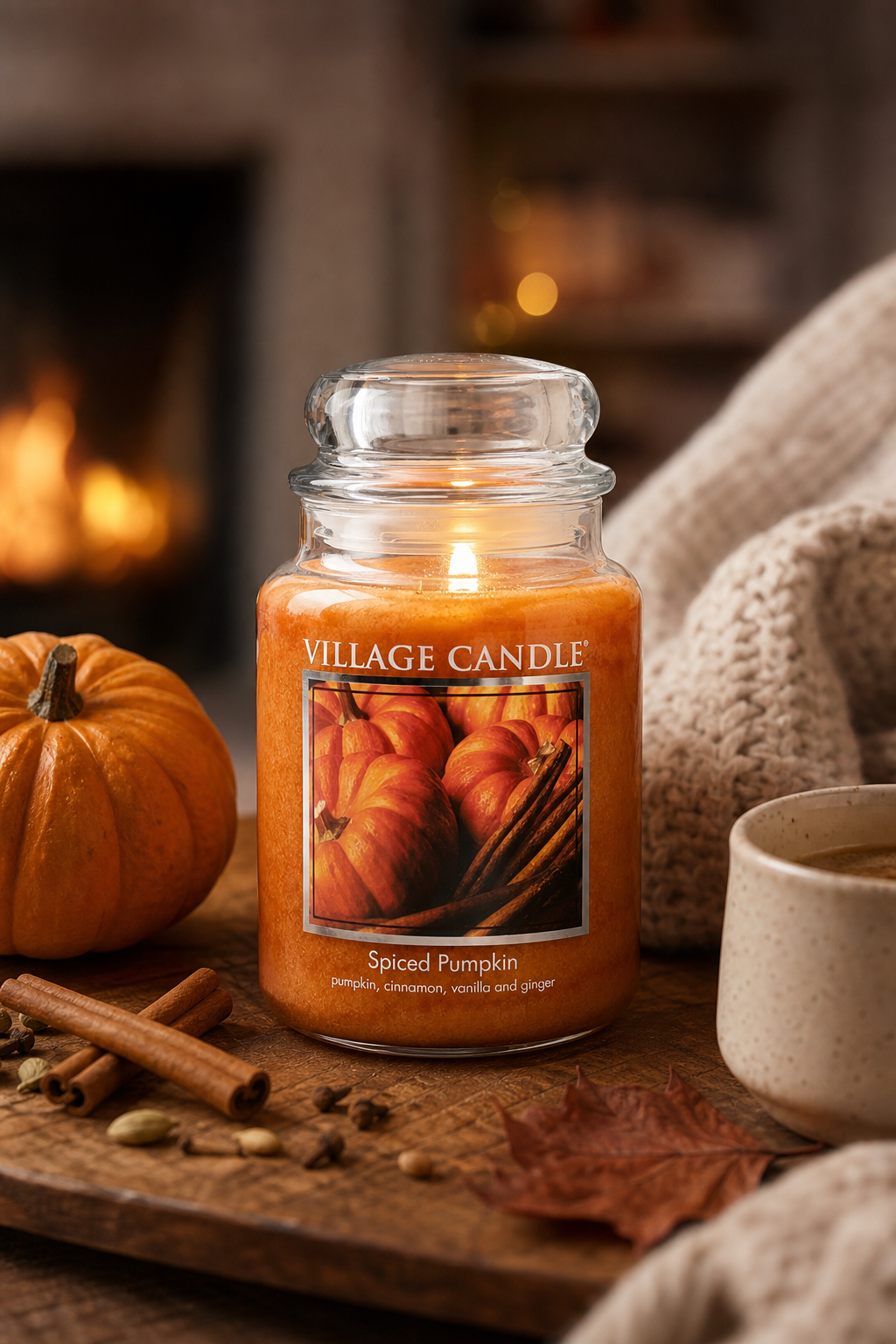 Brennende Village Candle Spiced Pumpkin Kerze neben Kürbis, Zimtstangen und Getränk