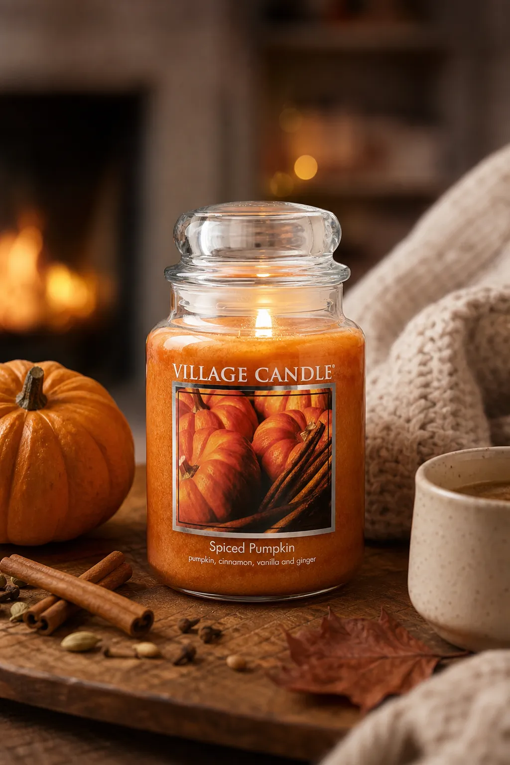 Brennende Spiced Pumpkin Kerze Brennende Village Candle Spiced Pumpkin Kerze neben Kürbis, Zimtstangen und Getränk