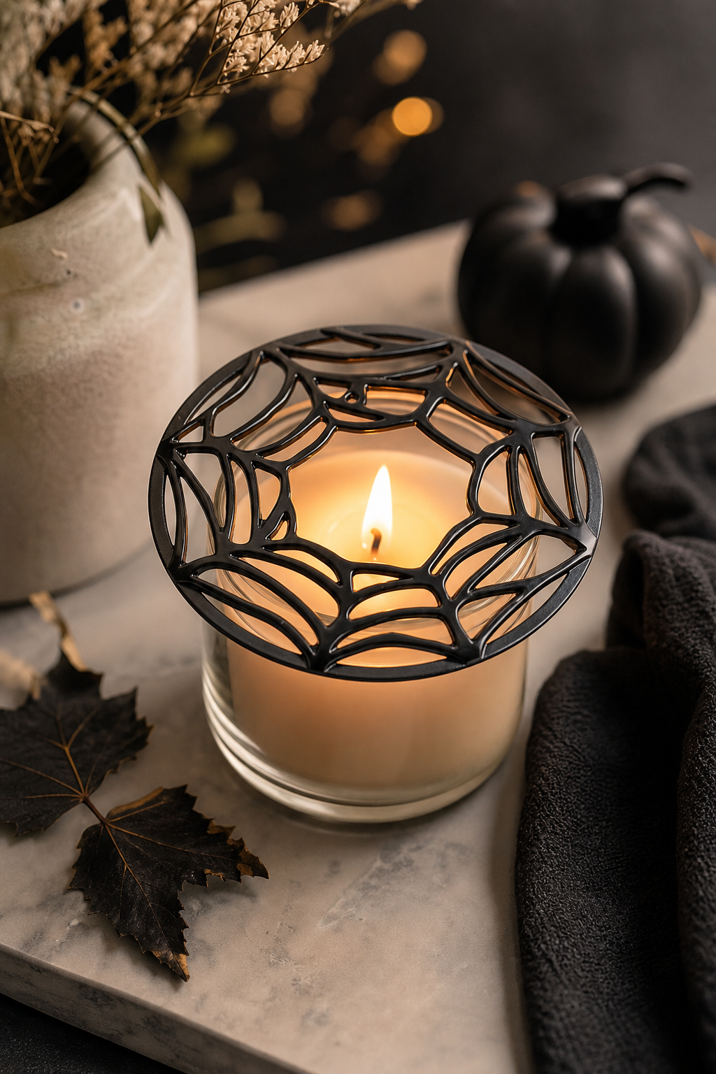 Spider Web Candle-Lid, Schwarz in einer stimmungsvollen Anwendungsszene