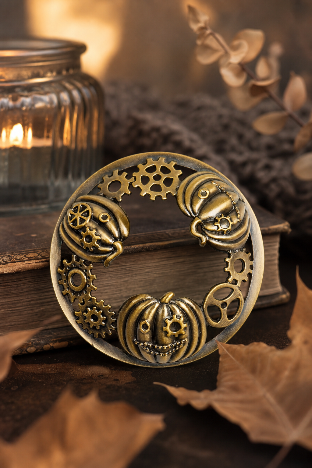 Steampunk Pumpkin Candle-Lid, Gold in einer stimmungsvollen Anwendungsszene