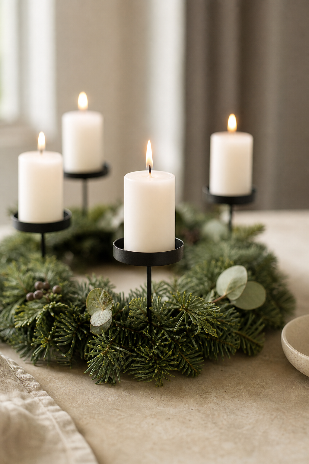 Stecker für Adventsgesteck schwarz Spike 4er Set in einer stimmungsvollen Anwendungsszene