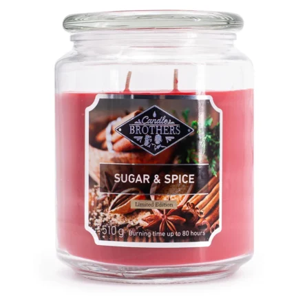 Rote Sugar & Spice Duftkerze im Glas mit zwei Dochten und Deckel