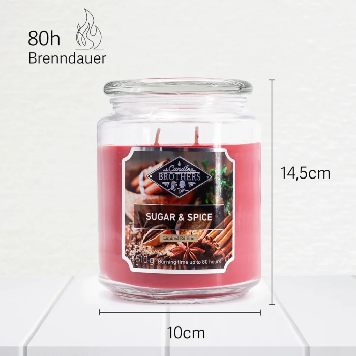 Sugar & Spice Kerze mit Angaben zu 80 Stunden Brenndauer und Maßen
