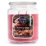 Rote Candle Brothers Sugar & Spice Kerze im Glas mit sichtbarem Etikett