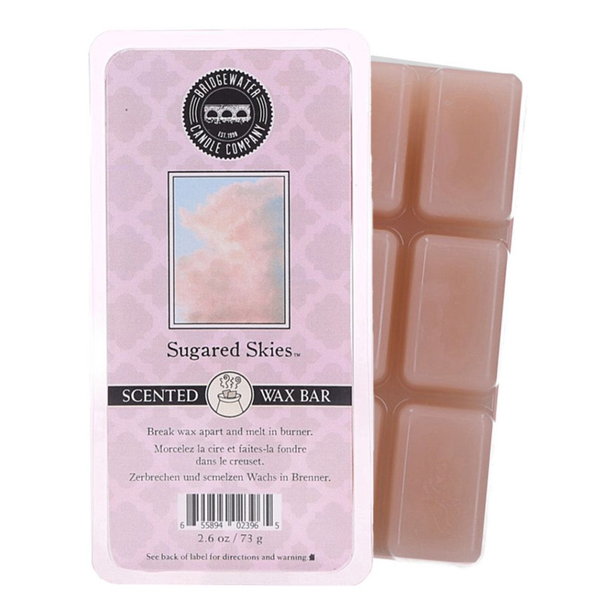 Sugared Skies Duftwachstafel Sugared Skies Duftwachstafel von Bridgewater neben der geöffneten Verpackung