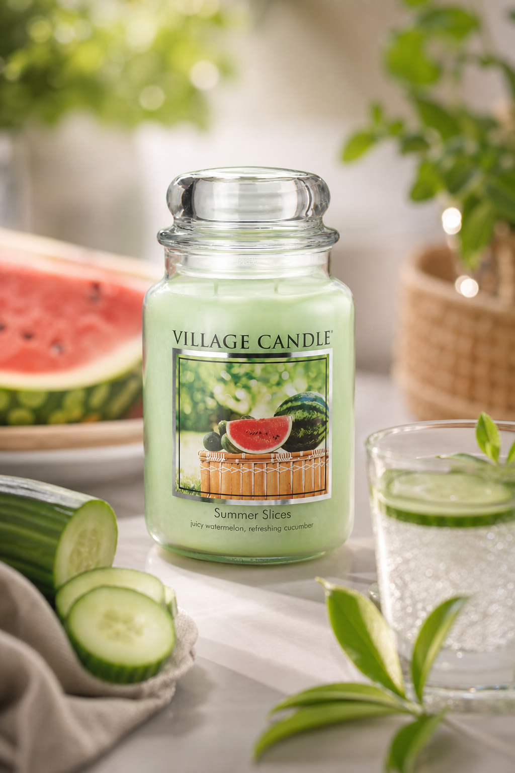 Summer Slices Kerze im Glas neben Getränk, Wassermelone und Gurken