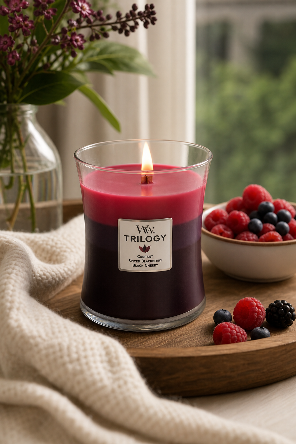Brennende WoodWick Trilogy Kerze auf einem Tisch neben Beeren