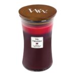 WoodWick Trilogy Kerze im Glas mit sichtbarem Etikett