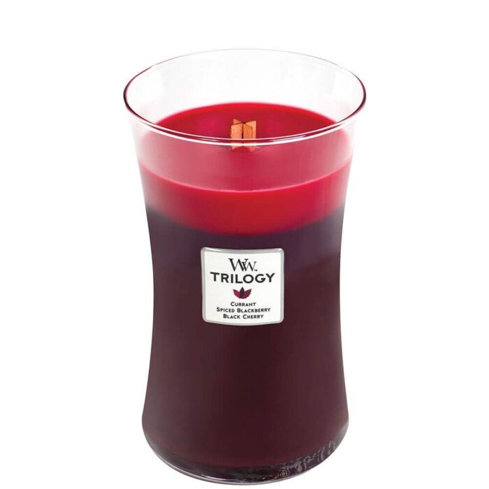 WoodWick Trilogy Kerze ohne Deckel mit sichtbarem Holzdocht