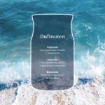 Grafik mit Duftnoten von Sun & Sand vor einer Wasser- und Strandaufnahme