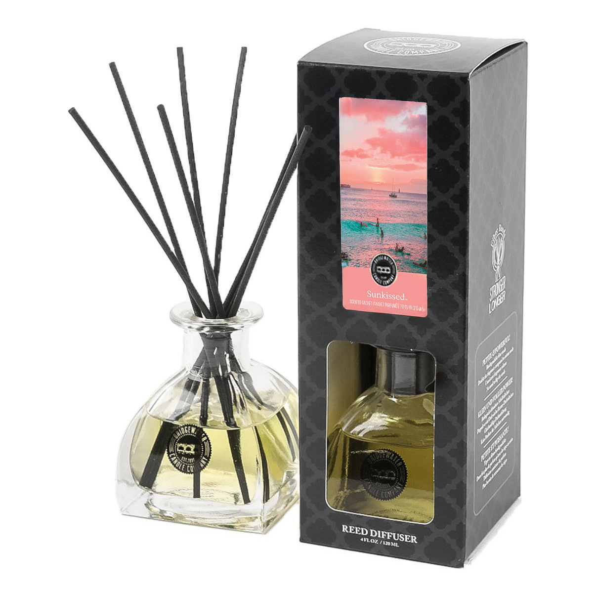 Bridgewater Sunkissed Reed Diffuser Sunkissed Reed Diffuser neben geöffneter Produktverpackung mit Duftstäbchen